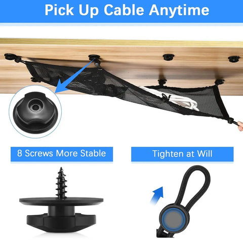 Under Desk Cable Management Net With Privacy Mesh Large Capacity Cord Organizer installed under wooden desk with 8 screws