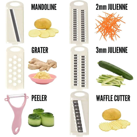 Pink 5 In 1 Mandoline Slicer For Veggies And Potatoes With Peelers Graters And Waffle Fry Cutter Easy Prep Tool For Slicing Shredding Grating Carrots Cucumbers Your Go To Veggie Prep Boss NACOLUS, showing blades and features.
