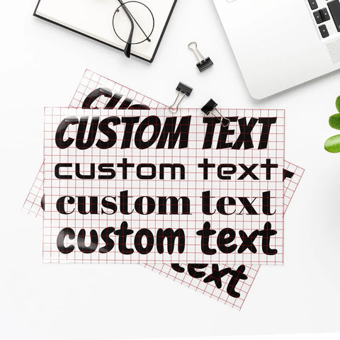 Custom Vinyl Letter Stickers And Decals For Your Ride Cars Trucks Boats And More showing various fonts and colors on grid paper.