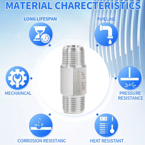 ChillWaves 304 stainless inline Siamese check valve, 1/4 in NPT male thread, backflow prevention (1-pack)