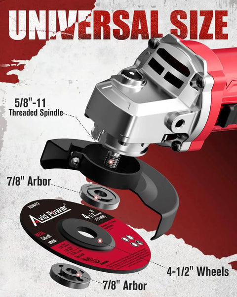 Powerful Four Point Five Inch Angle Grinder With 750 Watt Motor 11500 RPM Six Point Five Amp Includes Grinding And Cutting Wheels