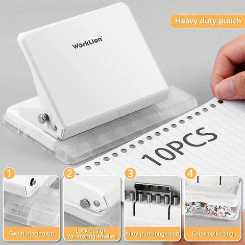 Person using Handy Metal Hole Punch Binding Tool for planners and notebooks, punches 30 holes on A4, includes 10 multicolor binder rings.