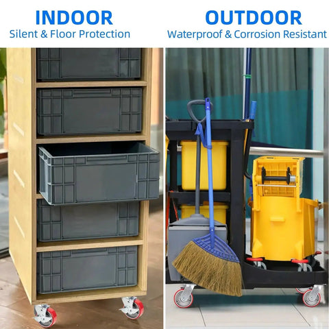 5 Inch Industrial Caster Set Of 4 With Brakes under tool cabinet and cleaning cart, illustrating indoor and outdoor use.