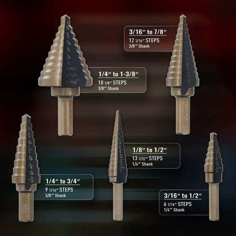Titanium Coated HSS Step Drill Bit Set With 50 Sizes In 5 Unibits Built For DIYers And Pros Perfect For Sheet Metal Aluminum Carry Case Included 135 Degree Split Point For Quick Clean Holes