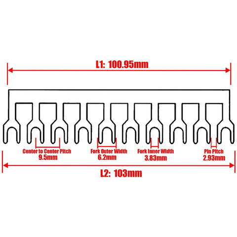 10 Pack Fork Type Terminal Jumper Block 12 Position Wire Connector Barrier Strip 400V 12A Black Red Brass Nickel Plated dimensions