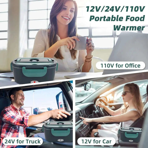 Electric Lunch Box Food Heater On The Go Car And Truck Warmer, 80W, 12V 24V 110V Power, 304 Stainless Steel Inner Container, Green