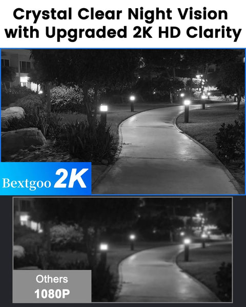 Comparison of landscape under night vision, top with 2K clarity, bottom with 1080P, showing pathway and lights.