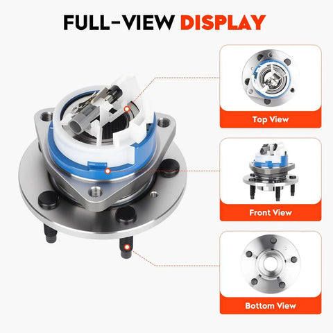 Front wheel bearing assembly with ABS, sealed unit, 5-lug M12x1.5, 33-spline, 5.7in flange; top and side views