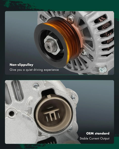 Close-up of 12V 55A Clockwise 4 Groove Alternator Replacement For Chevy Metro Tracker Geo Metro, showing pulley and electrical connector.