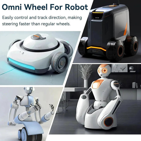 Collage of different robots with all directional omni wheels, showcasing maneuverability and control for robot applications.