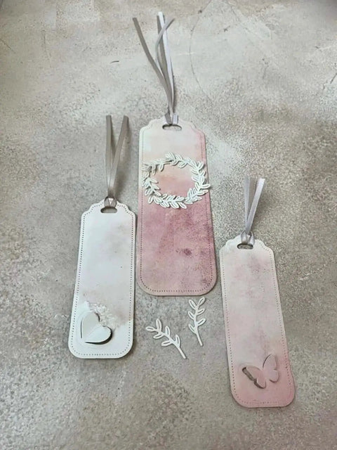 Butterfly Leaf Tag Bookmark Stencil Die Set For DIY Crafts And Scrapbooking Metal Cutting Dies with pink and white labels
