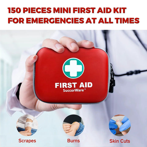 Compact Red 150 Piece Mini First Aid Kit With Hard Shell by SuccorWare held in hand