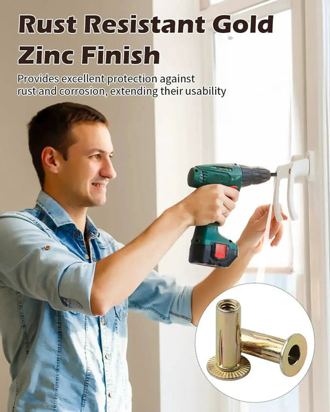 Man using drill for installation highlighting rust resistant gold zinc finish products.