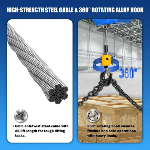 Electric Hoist Winch 1540 Lb Capacity With 1500W Power shown with steel cable and rotating hook for secure lifting.