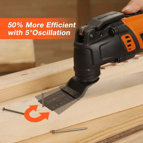 Powerful 4 Amp Heavy Duty Oscillating Tool With 5 Degree Oscillation Angle And 7 Variable Speed Settings in use on wood