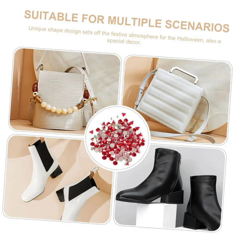 Collage of bags and boots with central image of Plastic Decorative Rivet Stud Kit For Clothing And Bags DIY Rivets Buckle Set.