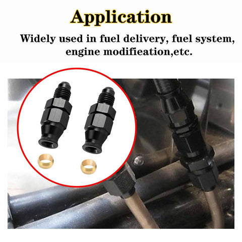 Two black aluminum FortiyParts 6AN to 3/8 hardline adapters with ORB male to 3/8 inch tube compression