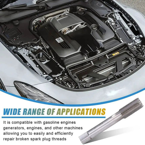 Engine with spark plug thread repair kit including M14x1.25 inserts and M16x1.25 tap for automotive gasoline engines and generators.
