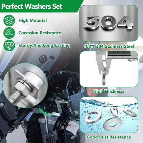 1147-piece stainless steel flat and spring lock washer set; 9 metric sizes M2–M12, 304 stainless, corrosion resistant.