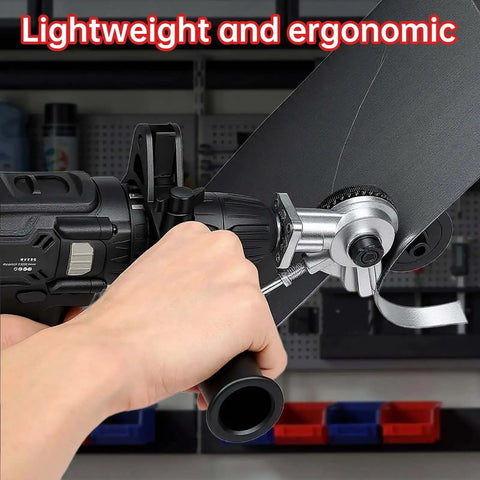 Powerful And Effortless Heavy Duty Drill Metal Cutter Attachment in use slicing sheet metal for DIY projects and roofing