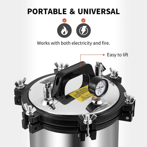 BAOSHISHAN 12L steam autoclave lid with pressure gauge, stainless steel portable autoclave front view