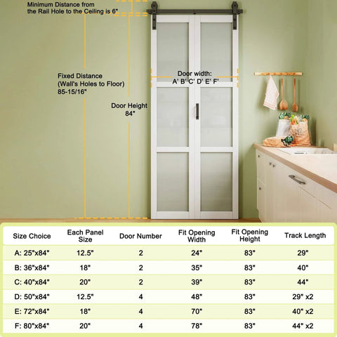 Space Saving Frosted Glass Bi Fold Barn Door With Paintable White Primed Surface 36 By 84 Inches Pre Assembled Solid Core Panel Hardware Kit Included Water Resistant Finish Perfect For Closet Laundry Pantry Study Office Living Room And More installed in room with measurement guide.