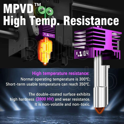 Two Pack 0.4mm H2D H2S H2C P2S Hotend Nozzles With Anti Stick MPVD Coating For P2S Series And A1 Mini 3D Printers shown on high temp display