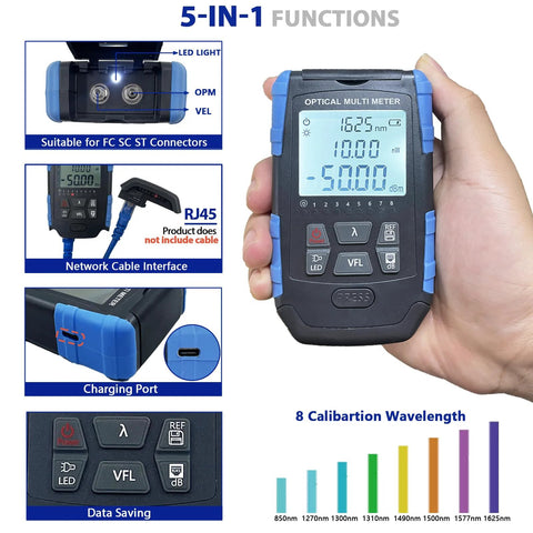 5-in-1 fiber optic tester and optical power meter, handheld blue/black with FC/SC/ST universal interface, Amazon brand.