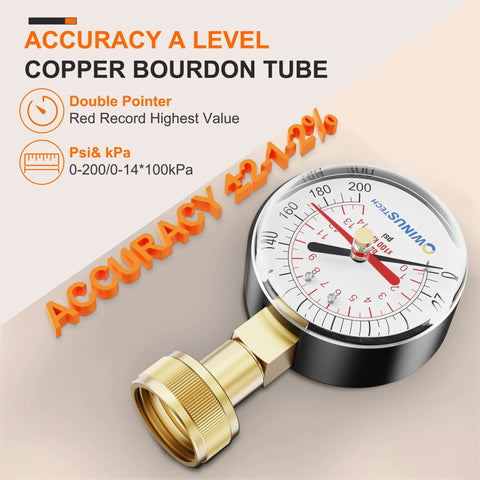 Water pressure gauge with a 2.5-inch dial, brass body, 3/4-inch female connection for home use