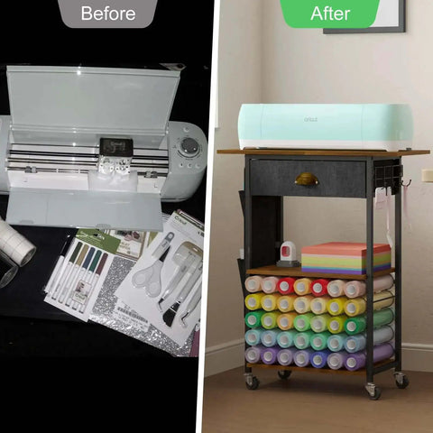 Before and after of Mobile Craft Cart Organizer With Wheels For Cutting Tools Machines Vinyl Rolls And Heat Press Stand.