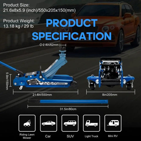 2.5 Ton Floor Jack Low Profile Heavy Duty Steel Racing Jack With Single Piston Lift Pump Lifting Range 3.35 To 14.96 Inches Ideal For Tire Changes Oil Jobs Brake Maintenance And DIY Car Projects image showing product specifications