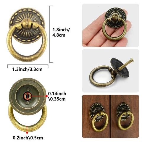 Set Of 6 Vintage Bronze Drop Ring Knobs For Dresser Drawers And Cabinets With Screws Antique Single Hole Decorative Hardware showing dimensions