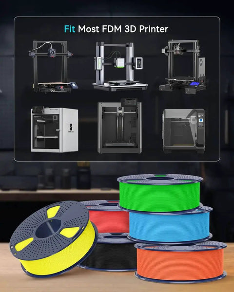 Multiple colored spools of PETG 1.75mm filament displayed, compatible with most FDM 3D printers, including Bambu Labs.