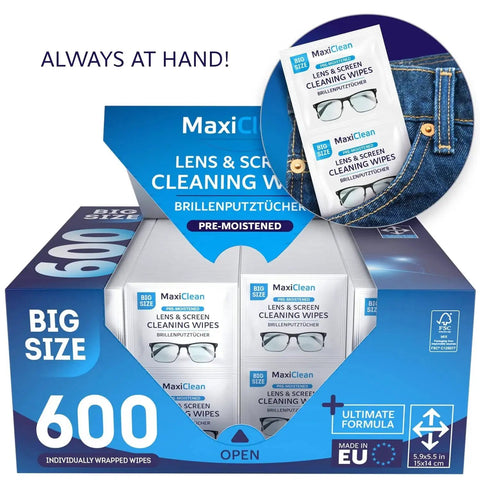 600 Premoistened Lens Wipes For Eyeglasses Screens Phones Individually Wrapped, box showing wipes in pocket