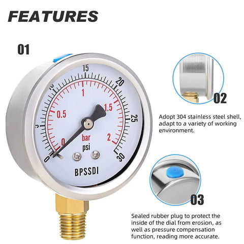 Low Pressure Water Gauge For HVAC And Plumbing Systems 0 To 30 Psi, 2.5 Inch Dial, Quarter Inch NPT Lower Mount, 304 Stainless Steel Case