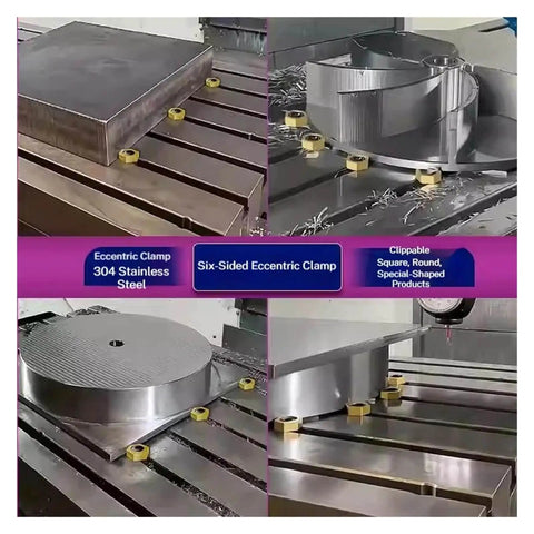 Heavy Duty CNC Eccentric Clamp Set For Workholding Hexagonal Vise Fixtures With Stainless Steel Anchors Nuts And Quick Grip Clamps M4 To M16 Threads M6 Included Built For Pro Grade Fast Solid Mounts And High Production Capacity installed on metallic workpieces