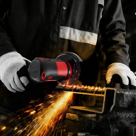 Cordless Mini 3 Inch Angle Grinder Kit With Dual 12V 1500mAh Batteries And Charger Rivlox cutting metal in workshop
