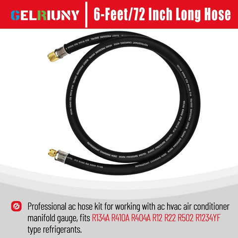 HVAC vacuum hose, 6 ft black high-flow refrigerant hose with 1/2 in to 1/4 in flare fittings and two brass ends