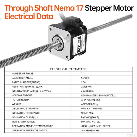Through Shaft Nema 17 Stepper Motor With TR8x8 300mm Lead Screw, 1.8 Degree Step, 2 Phase High Torque Bipolar electrical specifications chart
