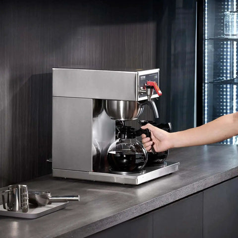 12 Cup Commercial Drip Coffee Maker With 3 Glass Carafes And 3 Warmer Plates, Stainless Steel Pour Over Brewer shown in use