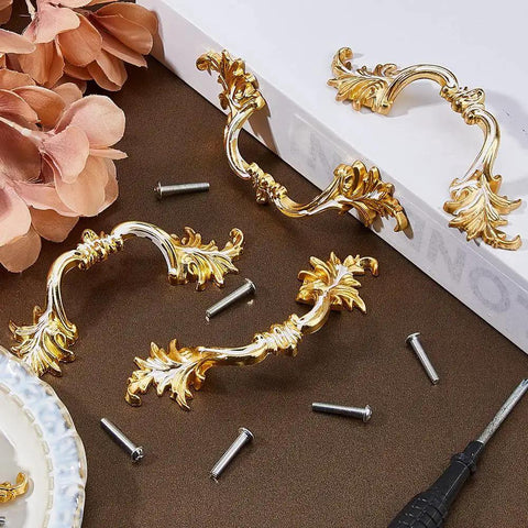 Six Piece European Style Vintage Cabinet Handles Pulls 5 Inch Alloy Antique Golden Drawer Knobs with screws on display