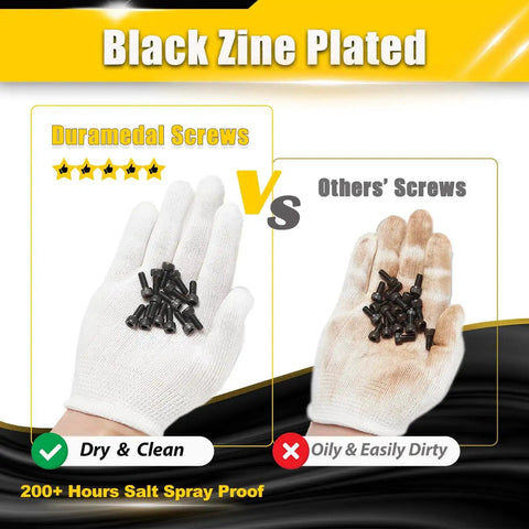 Comparison of black zinc plated screws showing clean vs oily finish, highlighting durability of M3 X 30mm Hex Socket Head Cap Screws Set.