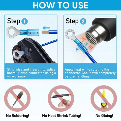 Heat Shrink Wire Connector Kit With 120 Pcs Waterproof Automotive Marine Electrical Terminals Assortment For Ring Fork Spade Butt Splices And Crimp Connectors Delivering Strong Secure Crimps Low Voltage Drop And Easy Install TICONN showing usage steps with crimp tool and heat application.