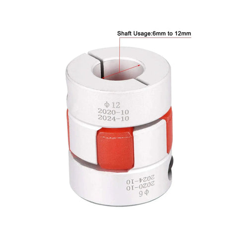 Go To Flexible Jaw Coupling Shaft Joint For Servo Motors, 6mm To 12mm Bore, L31xD25, shown in aluminum alloy with red dampening element.