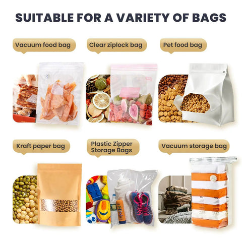 Heavy Duty Plastic Vacuum Storage Clip Seal Grip For Space Saver Bags shown sealing various types of bags including vacuum, ziplock, and kraft paper