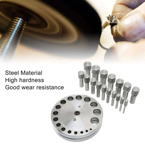 Disc Cutter Set Pro Grade 45 Steel Punch Tool With 17 Dies for Jewelry Making and Crafting in silvery finish displayed with details.