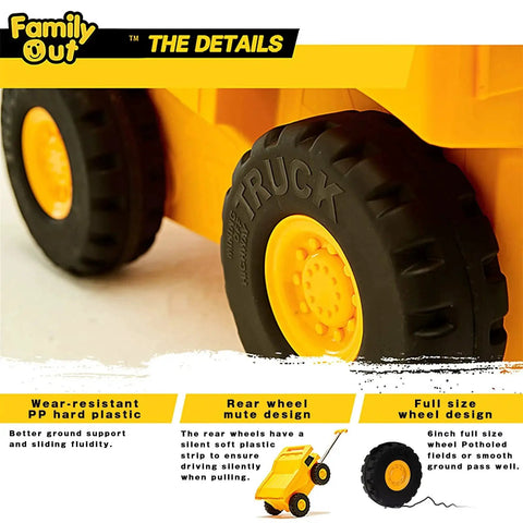 Yellow monster truck design ride on kids travel suitcase with wheels, showing close-up of rubber tires and durable ABS material.