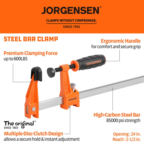Jorgensen 2-pack medium-duty steel bar clamps, orange with ergonomic handle, 24 in opening and 600 lb clamping force