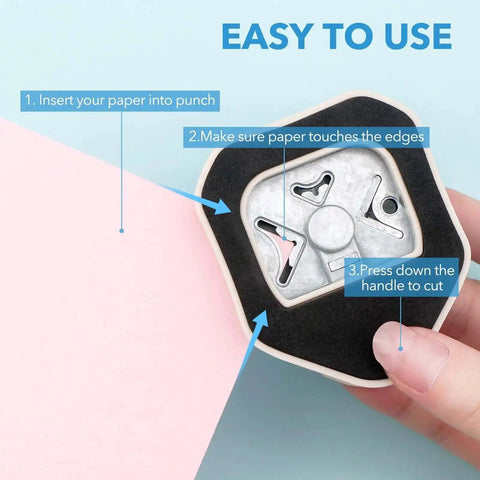 Close-up of the 3 In 1 Hangtag Punch Kit with Portable Hole Punch and Rounded Corner Cutter demonstrating usage instructions.