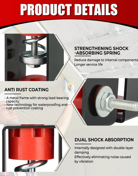 Close-up of durable ceiling vibration isolators showing steel construction, premium springs, silicone dampers for HVAC systems.